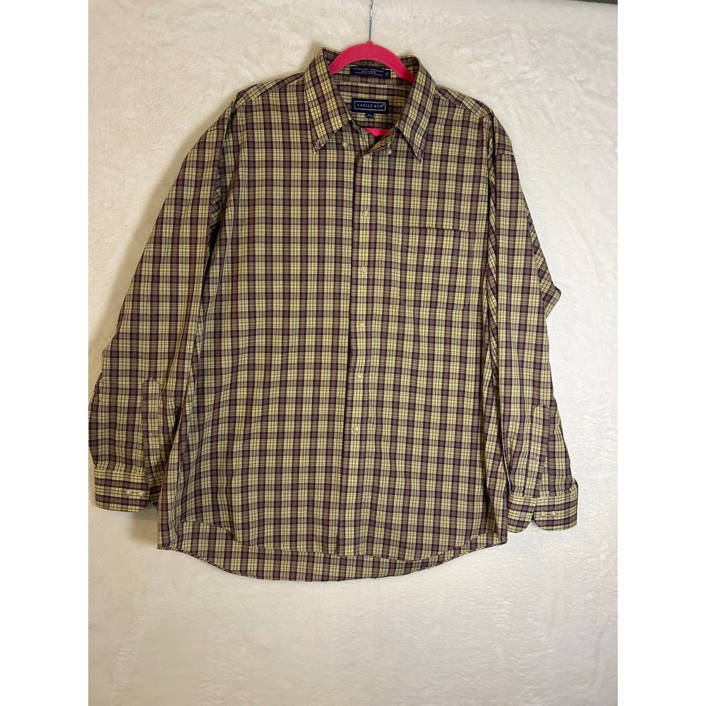 Savile Row Mens Plaid Button Down Shirt‎ Wrinkle Free Broadcloth 17.5 34/35